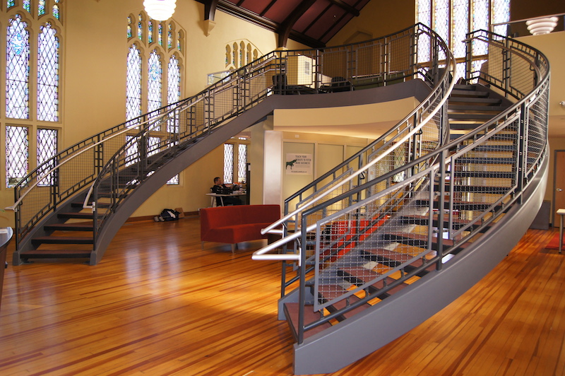 Custom metal spiral stairs at Moosylvania Marketing
